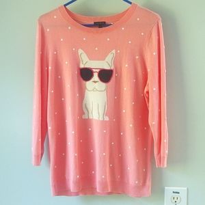Talbot's Large Salmon Pink Polka Dot Sweater with French Bulldog Print